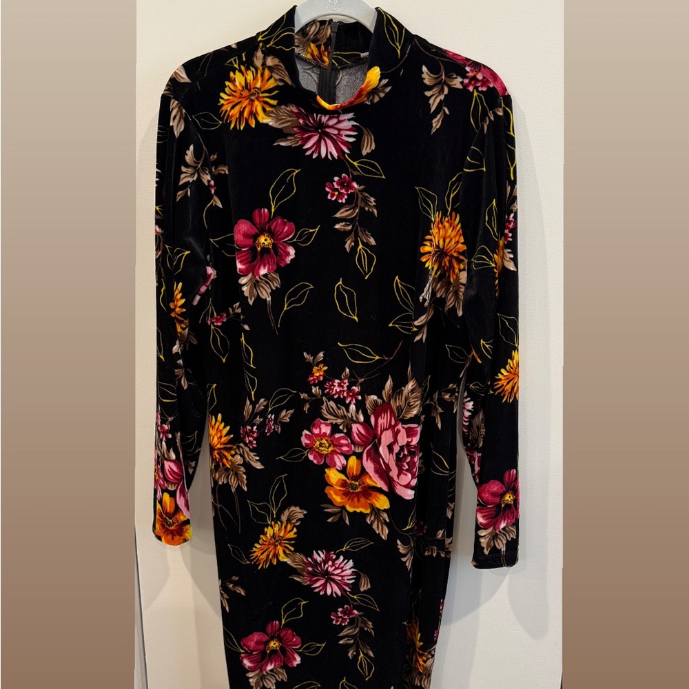 Venus mock turtleneck velvet stretch floral bodycon Black Dress